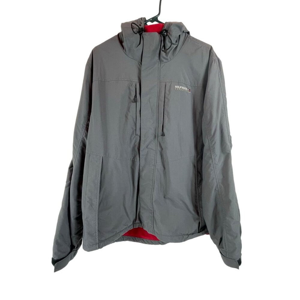 Tommy Hilfiger Expedition Jacket Coat Sz Large Lined Gray Red Mens Hooded